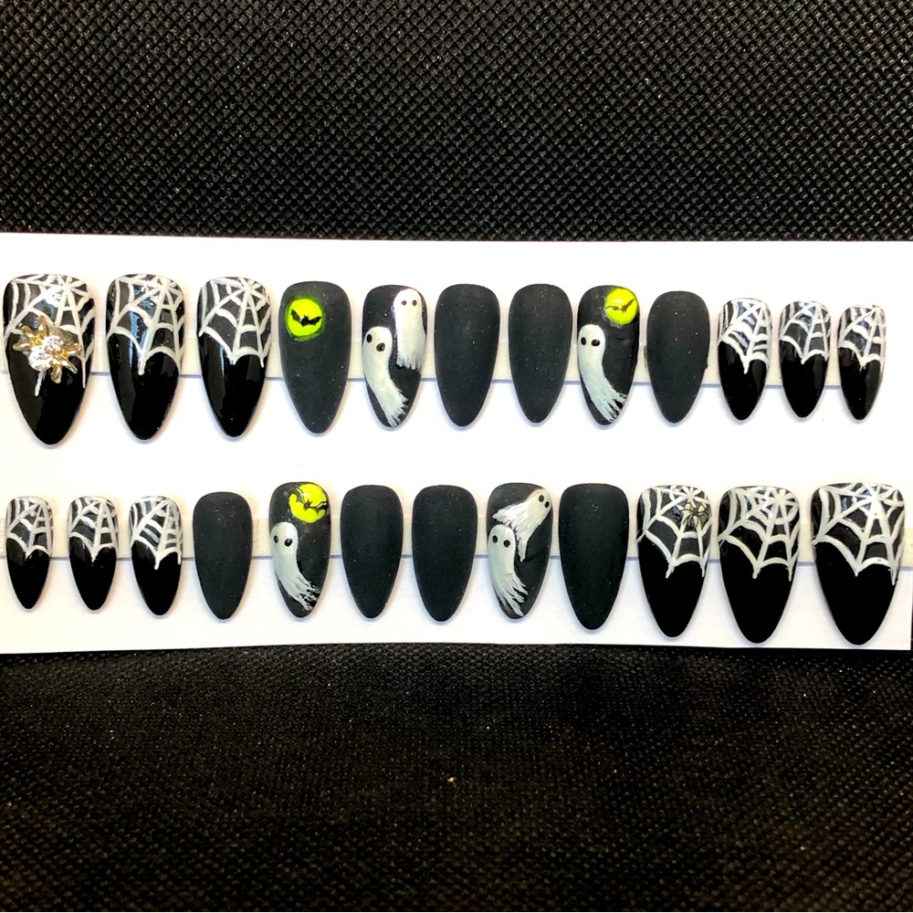 Handmade Custom Press On Nails Medium Long Almond Ghost Spider Halloween Nails